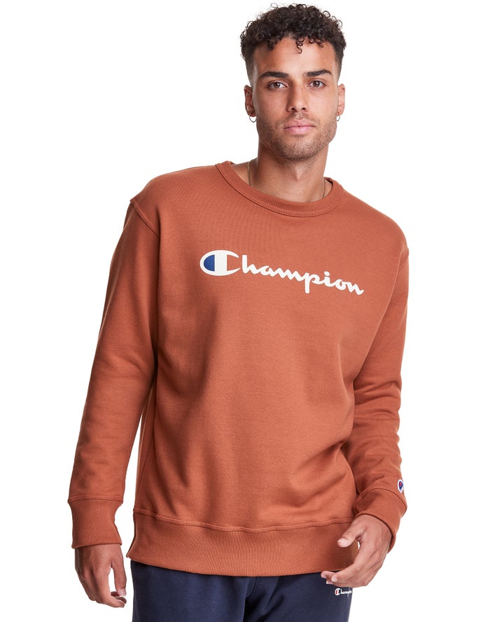 Champion Sweatshirt Heren - Bruin - Powerblend Fleece Crew Script Logo ( 983504-TWE )